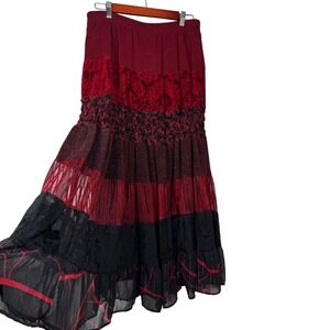 VTG M Red Black Floral Maxi Tier Skirt Velvet Mesh WhimsiGoth Salsa Fairy Gypsy